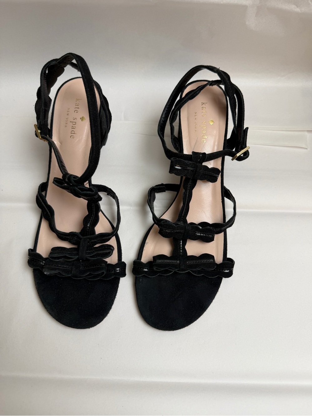 kate spade Black Scalloped Suede Strappy Sandals